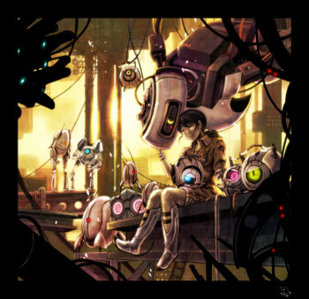 1girl adventure_core amamidori atlas_(portal) border chell closed_eyes fact_core glados good_end p-body portal portal_(series) portal_1 portal_2 sitting smile space_core sentry_turret_(portal) valve aperture_science_weighted_companion_cube wheatley