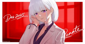 1girl artist_name bandaged_neck bandages blush collared_shirt commentary dated girls'_frontline grin highres jacket official_alternate_costume purple_eyes purple_shirt red_background rpk-16_(girls'_frontline) rpk-16_(renate)_(girls'_frontline) samsam_s2s shirt short_hair smile solo teeth twitter_username white_background white_hair white_jacket