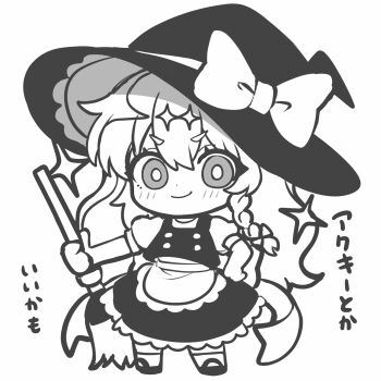 1girl apron back_bow blush bow braid chibi chibi_only closed_mouth commentary_request full_body greyscale hair_bow hand_on_own_hip hat hat_bow highres ishiki_nuru kirisame_marisa long_hair looking_at_viewer monochrome side_braid single_braid skirt smile solo touhou translation_request very_long_hair vest waist_apron witch_hat