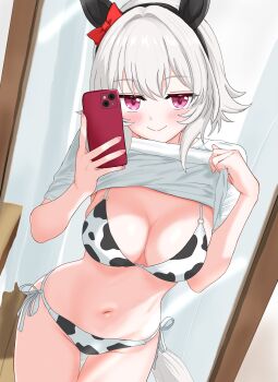 1girl alternate_costume animal_ears animal_print bikini blush breasts commentary_request cow_print curren_chan_(umamusume) grey_hair hair_between_eyes hair_ornament highres horse_ears horse_girl looking_at_viewer medium_breasts medium_hair mirror_selfie purple_eyes selfie shirt smile smug solo swimsuit tsumu618 umamusume
