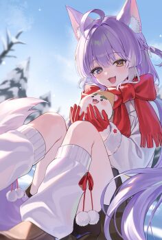 1girl ahoge animal_ear_fluff animal_ears artist_request bike_shorts bike_shorts_under_skirt black_skirt blue_eyes bow commentary_request creature day double-parted_bangs fang foot_out_of_frame fox_ears fox_girl fox_tail gloves hair_intakes heterochromia highres holding holding_creature inari_(tenko_shibuki) jacket knees_up korean_commentary long_hair long_sleeves looking_at_viewer loose_socks miniskirt open_mouth outdoors pom_pom_(clothes) purple_hair red_gloves red_scarf scarf scarf_bow second-party_source sitting skirt smile socks solo stellive tail tenko_shibuki very_long_hair virtual_youtuber white_jacket white_socks winter winter_clothes yellow_eyes