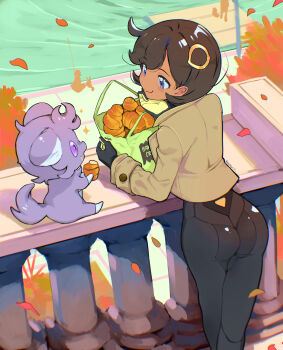 1girl against_railing ass bag black_hair bread brown_jacket clip_studio_paint_(medium) commentary_request dark-skinned_female dark_skin emma_(pokemon) espurr eudetenis falling_leaves food from_behind gen_6_pokemon hair_ornament highres jacket leaf leaning_forward looking_at_another nintendo pokemon pokemon_(creature) pokemon_legends:_z-a purple_eyes railing short_hair side_ahoge sitting waiting water