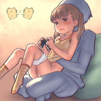 1boy 1girl aaaa_(quad-a) bad_id bad_pixiv_id blush braid brown_eyes brown_hair clothes_lift controller faceless faceless_male feet game_controller highres loli no_shoes open_mouth original panties panty_pull short_hair sitting sitting_on_lap sitting_on_person skirt skirt_lift socks solo_focus twin_braids twintails underwear white_panties