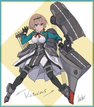 Rule 34 | 1girl, absurdres, black gloves, black pantyhose, blonde hair, bow (weapon), breasts, compound bow, cropped jacket, dress shirt, flight deck, flower, gloves, highres, holding, holding bow (weapon), holding weapon, inica, kantai collection, medium breasts, military, military uniform, official alternate hair length, official alternate hairstyle, pantyhose, pelvic curtain, quiver, red flower, red rose, rigging, rose, shirt, short hair, skirt, solo, tiara, underskirt, victorious (kancolle), weapon, white shirt, white skirt