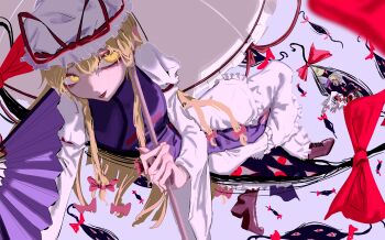 3girls absurdres animal_ears arm_strap blonde_hair blue_tabard boots bow buunana cat_ears chen collar commentary_request dress eyeshadow frilled_dress frills gap_(touhou) green_hat hair_bow hand_fan hat hat_ribbon highres holding holding_umbrella juliet_sleeves kitsune kyuubi long_hair long_sleeves looking_at_another looking_at_viewer makeup mob_cap multiple_girls multiple_hair_bows multiple_tails no_eyes ofuda puffy_sleeves purple_collar purple_nails purple_tabard red_bow red_eyeshadow red_lips red_vest ribbon shirt sleeve_bow solo_focus tabard tail touhou umbrella very_long_hair vest white_shirt yakumo_ran yakumo_yukari yellow_eyes