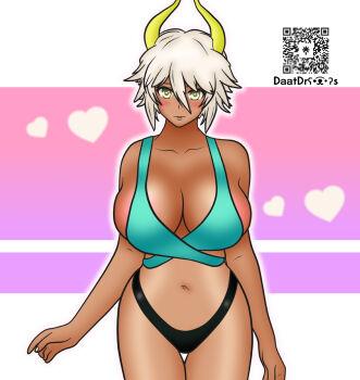 1girl blush breasts daatdraws dark_skin horns large_breasts shinmai_maou_no_testament short_hair swimsuit white_hair yellow_eyes zest