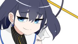 1girl animated audible_music audible_speech blue_bow blue_eyes blue_hair bow bow_earrings close-up closed_eyes closed_mouth collar earrings electric_fan half-closed_eyes highres hololive hololive_english jewelry laughing looking_at_viewer ouro_kronii ouro_kronii_(1st_costume) portrait sailor_collar shinkon_santaku sidelocks simple_background sleeveless smug solo sound streamer_audio subtitled thick_eyebrows toripuru_(tripl3) video virtual_youtuber white_background white_collar zipper