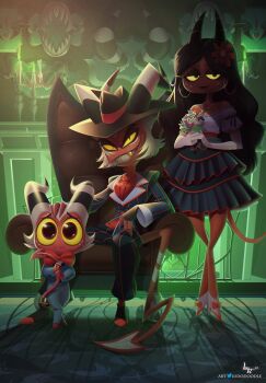 1girl 2boys 3: black_hair black_suit blue_skirt bouquet colored_sclera colored_skin crimson_knolastname demon_tail flower formal_clothes gloves golden_tooth hair_flower hair_ornament hellaverse helluva_boss highres holding holding_bouquet holding_own_tail horns long_hair long_sleeves looking_at_viewer ludodoodle mafia moxxie_(helluva_boss) ms._knolastname multiple_boys necktie official_art portrait red_eyes red_skin sharp_teeth shirt short_hair signature skirt slit_pupils smile spoilers striped_horns suit tail teeth twitter_username white_gloves white_hair white_shirt