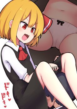 1boy 1girl ascot black_hair blonde_hair blush bow bow_panties collared_dress commentary_request dress fang hair_ribbon head_under_skirt highres midriff multiple_views navel open_mouth panties pinafore_dress red_ascot red_eyes red_ribbon ribbon rumia saisoku_no_yukkuri short_hair short_sleeves skin_fang sleeveless sleeveless_dress solo_focus touhou translated under_another&#039;s_clothes under_skirt underwear upskirt v-shaped_eyebrows very_short_hair white_background white_panties