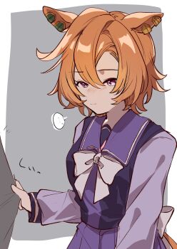 ... 1girl 1other amano_(amano_miko) animal_ears blush bow bowtie breasts cowboy_shot hair_between_eyes highres horse_ears horse_girl long_sleeves looking_down medium_breasts nose_blush orange_hair pulling_another&#039;s_clothes purple_eyes purple_sailor_collar purple_skirt sailor_collar school_uniform short_hair simple_background skirt solo_focus t.m._opera_o_(umamusume) tracen_school_uniform umamusume