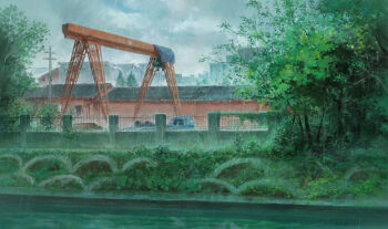 absurdres building bush chinese_commentary commentary_request crane_(machine) day feitu233 fence grey_sky highres iron_fence motor_vehicle no_humans original outdoors overcast plant rain scenery sky tree truck variant_set