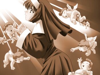 1girl 6+boys angel censored completely_nude dress feathered_wings from_side game_asset hakoiri_musume interlocked_fingers jitome long_sleeves looking_up monochrome multiple_boys non-web_source novel_illustration novelty_censor nude nun nun_headdress official_art open_mouth own_hands_clasped own_hands_together praying profile sepia short_hair smile standing the_seiji toujou_mizuho upper_body variant_set visual_novel_cg wings