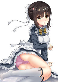 1girl :o absurdres ankle_strap apron arm_support arm_under_breasts ass black_dress black_hair blush bow bowtie breasts brooch bun_cover cafe_stella_to_shinigami_no_chou cameltoe commentary dress embarrassed eternalfeatherx eyes_visible_through_hair foot_out_of_frame frilled_apron frilled_dress frills hair_between_eyes hair_bun hair_ribbon hand_up highres jewelry kneehighs legs long_sleeves looking_at_viewer maid maid_apron medium_breasts medium_hair mole mole_under_eye no_shoes nose_blush open_mouth panties pink_panties ribbon shiki_natsume sidelocks single_hair_bun sitting socks solo striped_bow striped_bowtie striped_clothes thighs underwear white_apron white_background white_ribbon white_socks yellow_bow yellow_bowtie yellow_eyes yokozuwari