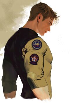 1boy blonde_hair blue_eyes brown_shirt captain_america_(series) closed_mouth from_behind highres large_pectorals long_sleeves looking_down male_focus malkogromit marvel muscular muscular_male pectorals shirt short_hair simple_background solo star_(symbol) star_print steve_rogers upper_body white_background