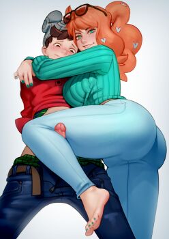 1boy 1girl absurdres aqua_nails arms_around_neck ass barefoot beanie blush breasts brown_hair clothes_pull denim eyewear_on_head feet hair_ornament hat heart heart_hair_ornament height_difference hetero highres hug huge_ass jeans kairunoburogu kneejob kneepit_sex large_breasts leg_up legjob looking_down nail_polish nintendo orange_hair pants pants_pull penis pokemon pokemon_swsh pressing side_ponytail simple_background smile sonia_(pokemon) toenail_polish toenails toes uncensored victor_(pokemon)