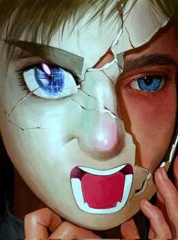 1boy arms_up black_background blonde_hair blue_eyes broken_mask cracked_kawaii_mask erwin_smith eyelashes hand_on_own_face hashtag-only_commentary highres male_focus mask mollaingggg open_mouth portrait shingeki_no_kyojin shirt solo sparkling_eyes teeth thick_eyebrows