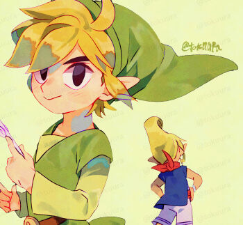 1boy 1girl adversarial_noise artist_name bandana bandana_around_neck belt blonde_hair blue_vest brown_belt closed_mouth commentary_request facing_away green_background green_hat green_tunic hands_on_own_hips hat highres holding_baton link long_sleeves looking_at_viewer male_focus nintendo pointy_ears red_bandana simple_background smile solo_focus tetra the_legend_of_zelda the_legend_of_zelda:_the_wind_waker tokuura toon_link tunic twitter_username vest watermark watermark_grid wind_waker_(object)