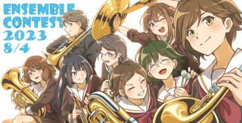 Rule 34 | 1boy, 6+girls, black hair, brown eyes, brown hair, cymbals, drumsticks, euphonium, fluffy hair, fuyuhino, glasses, grin, hair ornament, hairclip, happy, hibike! euphonium, holding, holding drumsticks, holding instrument, horn (instrument), inoue junna, instrument, kamaya tsubame, katou hazuki, kohinata yume, kousaka reina, long hair, looking at viewer, medium hair, morimoto michiyo, multiple girls, one eye closed, oumae kumiko, purple eyes, short hair, smile, trombone, trumpet, tsukamoto shuuichi, tuba, white background