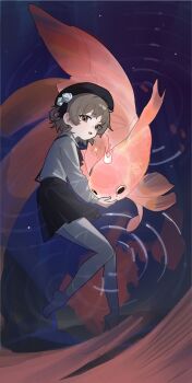 Rule 34 | 1girl, animal, ar2a, black hat, black skirt, brown eyes, brown hair, collared shirt, crown, fang, fish, flower, goldfish, hashtag-only commentary, hat, hat flower, hatoba tsugu, highres, long sleeves, looking at viewer, mini crown, open mouth, oversized animal, pantyhose, ripples, rose, shirt, skin fang, skirt, solo, sparkle, suspender skirt, suspenders, tsugu (vtuber), virtual youtuber, white flower, white pantyhose, white rose