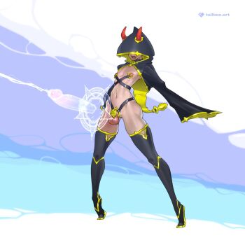 1boy butt_plug chastity_cage commentary energy_penis flat_chastity_cage full_body highres horns_through_hood magic magic_circle navel nipple_piercing original piercing sex_toy small_chastity_cage small_penis standing symbol-only_commentary tailbox testicles thighs tiptoes wide_hips wide_sleeves