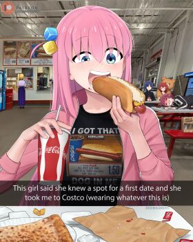 Rule 34 | 5girls, absurdres, black jacket, black shirt, blonde hair, blue eyes, blue hair, bocchi the rock!, bottle, braid, clothes writing, commentary, costco, cube hair ornament, cup, dismaiden, disposable cup, drinking straw, drooling, drunk, eating, english commentary, english text, food, food on face, gotoh hitori, hair between eyes, hair ornament, hands up, highres, hiroi kikuri, holding, holding cup, holding food, hot dog, ijichi nijika, indoors, jacket, kita ikuyo, long hair, long skirt, multiple girls, open mouth, photo background, pink hair, pink jacket, pizza, print shirt, purple skirt, red hair, saliva, shirt, shoes, skirt, standing, track jacket, twitter username, very long hair, wine bottle, yamada ryo