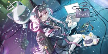 >_< 1girl :< alternate_costume alternate_hairstyle artist_request backpack bag black_hoodie black_jacket cable circuit_board closed_mouth computer controller drone expressionless game_cg game_controller hata_no_kokoro hata_no_kokoro_(multi-display3r) headphones headphones_around_neck highres holding holding_controller holding_game_controller hood hoodie jacket laptop long_hair long_sleeves looking_at_viewer official_art pink_eyes pink_hair science_fiction sitting solo thighhighs third-party_source touhou touhou_lostword very_long_hair white_thighhighs