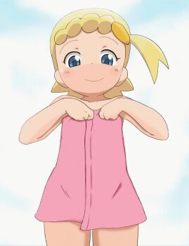 1girl age_difference animated arevix123 asymmetrical_hair bad_tag blonde_hair blue_eyes bonnie_(pokemon) censored completely_nude female_focus flat_chest loli looking_at_viewer mosaic_censoring navel nintendo nipples nude open_towel pink_towel pokemon pokemon_(anime) ponytail pussy side_ponytail smile solo standing stomach tagme towel video white_background