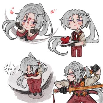 Rule 34 | 1boy, black gloves, bruise, bruise on face, chibi, drooling blood, from side, full body, gake67, gloves, hashtag-only commentary, heart, holding, holding sword, holding weapon, injury, limbus company, long hair, looking at viewer, lucio (project moon), ponytail, project moon, simple background, smile, solo, sword, upper body, weapon, white background, white hair