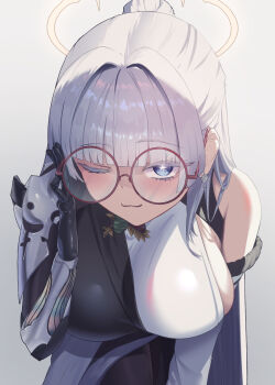 1girl ;3 adjusting_eyewear ars_rg0412 bracelet breasts colored_eyelashes detached_sleeves glasses goddess_of_victory:_nikke grey_hair haori highres japanese_clothes jewelry large_breasts leaning_forward long_hair looking_at_viewer mechanical_arms nayuta_(nikke) one_eye_closed print_haori round_eyewear sideboob single_mechanical_arm smile solo split-color_clothes star-shaped_pupils star_(symbol) symbol-shaped_pupils thick_eyelashes very_long_hair white_eyelashes white_hair