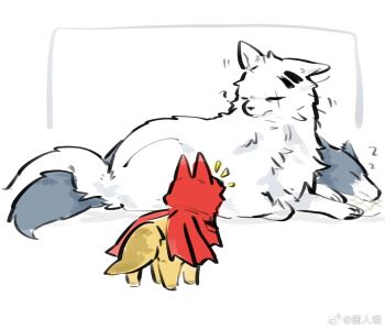 3girls animal_ears animalization arknights arknights:_endfield barking chinese_commentary commentary_request hood hua_ren_nan lappland_(arknights) multiple_girls red_hood rossi_(arknights) scar scar_across_eye scar_on_face sleeping tail texas_(arknights) wolf wolf_ears wolf_tail