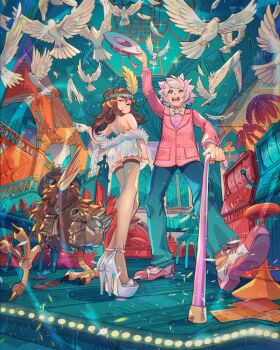 Rule 34 | 1boy, 1girl, aqua pants, backless dress, backless outfit, banister, bare shoulders, bird, black thighhighs, boater hat, bow, bowtie, brown bag, brown hair, cane, card, casino, chair, chandelier, cigarette, cigarette holder, closed mouth, coat, commentary, dove, dress, falling feathers, feather boa, feather hair ornament, feathers, flock, gloves, hair ornament, half-closed eyes, hat, high heel sandals, highres, holding, holding cane, holding cigarette, holding unworn clothes, holding unworn hat, indoors, kiwi (bird), laurel crown, long hair, looking at viewer, looking back, looking up, miniskirt, multicolored dress, open mouth, orange socks, original, palm tree, pants, pink hair, pink shirt, pink shoes, pinstripe coat, planter, playing card, poker chip, polka dot bow, polka dot bowtie, railing, red coat, sandals, shirt, shoes, short hair, simz, skirt, skylight, sleeveless, sleeveless dress, slot machine, socks, stairs, stool, strapless, strapless dress, table, teeth, thighhighs, too many, too many birds, tree, unworn hat, unworn headwear, upper teeth only, white gloves, white sandals, window, wooden floor, yellow bow, yellow bowtie, yellow feathers, zettai ryouiki