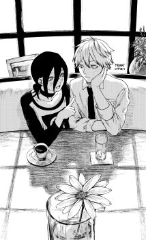 1boy 1girl black_choker chainsaw_man choker closed_mouth collarbone commentary cup denji_(chainsaw_man) elbow_rest flower glass grenade_pin greyscale hair_between_eyes hetero highres indoors long_hair_between_eyes long_sleeves looking_at_viewer monochrome open_mouth pointing pointing_at_another reze_(chainsaw_man) short_hair shoulder-to-shoulder signature sitting upper_body valentine_(02140314c) window