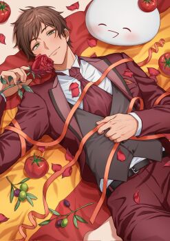 Rule 34 | 1boy, axis powers hetalia, blush, brown hair, commentary request, flower, green eyes, highres, holding, holding flower, jacket, looking at viewer, lying, male focus, muyuu 08, on back, pants, petals, red flower, red rose, rose, shirt, short hair, smile, solo, spain (hetalia), tomato, vest