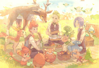 10s 3boys bad_id bad_pixiv_id blue_eyes blue_hair bow bowtie chili_(pokemon) cilan_(pokemon) cottonee cress_(pokemon) darumaka deerling deerling_(spring) ducklett eating flower food foongus fruit gen_5_pokemon green_eyes green_hair gym_leader highres leaf male_focus multiple_boys nintendo panpour pansage pansear picnic pokemon pokemon_(creature) pokemon_bw pon_(cielo) red_eyes red_hair sandwich sawsbuck sawsbuck_(spring) sewaddle short_hair traditional_bowtie