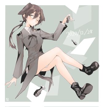 1girl animal_ears black_shoes blush breasts brown_eyes brown_hair commentary_request crossed_legs dog_ears dog_girl explosive gertrud_barkhorn grenade grey_jacket highres holding jacket long_hair looking_at_viewer medium_breasts military military_uniform no_pants one_eye_closed saki_hajime shirt shoes simple_background sitting solo strike_witches twintails white_shirt world_witches_series