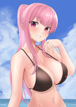 1girl :d absurdres bikini black_bikini blush breasts cleavage cloud cloudy_sky collarbone commentary_request day highres hololive hololive_english large_breasts long_hair looking_at_viewer mori_calliope navel ocean open_mouth outdoors pink_eyes pink_hair ponytail ramkilog shadow sideboob sidelocks sky smile solo swimsuit upper_body virtual_youtuber wavy_hair