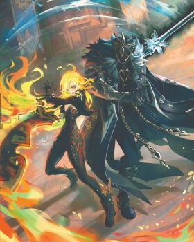 Rule 34 | 1boy, 1girl, absurdres, ahoge, biker clothes, bikesuit, black bodysuit, black gloves, black hair, black helmet, black shoes, blonde hair, bodysuit, breasts, burning hair, capitano (genshin impact), cleavage, coat, day, faceless, faceless male, fatui coat, fire, flaming sword, flaming weapon, full body, fur-trimmed coat, fur trim, genshin impact, gloves, helmet, highres, holding, holding sword, holding weapon, large breasts, long hair, long sleeves, looking at viewer, mask, mavuika (genshin impact), orange eyes, orange hair, outdoors, pants, red hair, shoes, side-by-side, smile, standing, sword, uglykao, very long hair, weapon
