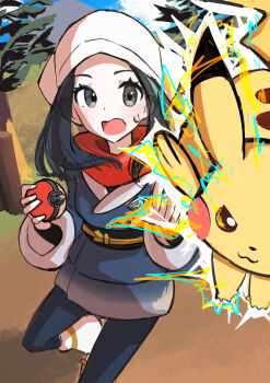 Rule 34 | 1girl, absurdres, akari (pokemon), black hair, black sash, commentary request, day, electricity, eyelashes, gajyumaru (ubbrfijafd14761), gen 1 pokemon, grey eyes, grey jacket, grey skirt, hands up, headscarf, highres, hisuian poke ball, holding, holding poke ball, jacket, leggings, nintendo, open mouth, outdoors, pikachu, poke ball, pokemon, pokemon (creature), pokemon legends: arceus, red scarf, sash, scarf, sidelocks, skirt, socks, sweatdrop, white socks