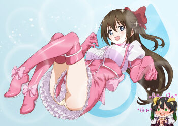 Rule 34 | 2girls, absurdres, black hair, blue background, blue eyes, blush, boots, bow, brown hair, cosplay, drooling, eggprotain, female pervert, gloves, gradient hair, green eyes, green hair, hair bow, highres, horns, long hair, love live!, love live! nijigasaki high school idol club, maeda kaori, magia baiser, magia baiser (cosplay), magia magenta, magia magenta (cosplay), magical girl, mahou shoujo ni akogarete, multicolored hair, multiple girls, open mouth, osaka shizuku, panties, pantyshot, pervert, simple background, skirt, smile, sparkle, star-shaped pupils, star (symbol), symbol-shaped pupils, takasaki yu, thighs, underwear, voice actor connection, yuri