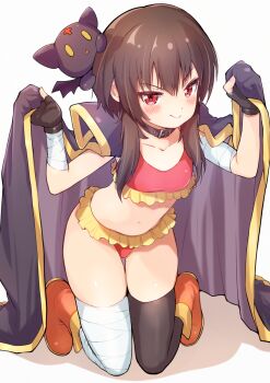 1girl adapted_costume asymmetrical_legwear bandaged_arm bandaged_leg bandaged_wrist bandages belt_collar bikini black_cape black_gloves black_hair black_thighhighs blush boots breasts cape cat chomusuke closed_mouth collar collarbone commentary_request fingerless_gloves frilled_bikini frills full_body gloves hands_up highres kneehighs kono_subarashii_sekai_ni_shukufuku_wo! megumin mismatched_legwear navel orange_boots pariya_0001 red_bikini red_eyes short_hair_with_long_locks simple_background small_breasts smile socks solo swimsuit thigh_gap thighhighs thighs white_background