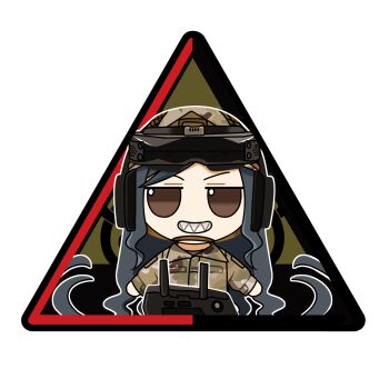 1girl artist_request black_hair camouflage check_artist chibi controller digital_camouflage drone fumo_(doll) goggles goggles_on_head highres korzynka_persykiv kraken_(japanon) kraken_regiment long_hair long_sleeves original russo-ukrainian_war sharp_teeth smile solo teeth ukrainian_insurgent_army_flag