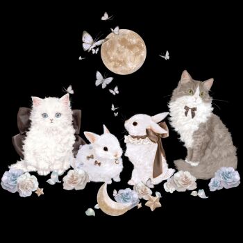animal_focus black_background bug butterfly cat flower full_body full_moon highres insect looking_at_viewer moon no_humans original petals rabbit rose shirone_(coxo_ii) white_cat white_rabbit_(animal)