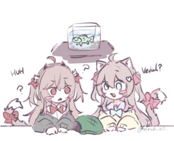 2girls :< :3 ? ahoge animal_ears aqua_bow aqua_bowtie black_cardigan blue_eyes blue_sailor_collar blush_stickers bow bowtie broken_heart broken_heart_hair_ornament brown_hair cardigan cat_ears cat_girl cat_tail chibi chibi_only collared_shirt confused evil_neuro-sama fish fish_tank hair_between_eyes hair_ornament hair_ribbon heart heart_hair_ornament highres long_hair long_sleeves looking_at_object multiple_girls neuro-sama off-shoulder_cardigan raised_eyebrow red_bow red_bowtie red_eyes red_ribbon ribbon ruruk_o2 sailor_collar shirt siblings sisters skull_hair_ornament sleeves_past_wrists table tail tail_bow tail_ornament torn_hair_ribbon turtle_shell twins two_side_up vedal987 vedal_ai virtual_youtuber white_background white_shirt yellow_cardigan