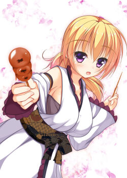 1girl :d backboob black_bow black_sash blonde_hair blush bow breasts commentary cowboy_shot dango detached_sleeves dual_wielding dutch_angle eyelashes eyes_visible_through_hair floating_hair floral_print floral_print_sash food frilled_kimono frilled_sleeves frills hair_between_eyes hand_up highres holding holding_food incoming_food japanese_clothes kimono large_breasts lena_liechtenauer long_hair long_sleeves looking_at_viewer low_ponytail official_alternate_costume open_mouth outstretched_arm ponytail print_sash purple_eyes sash senren_banka shrimp_3 simple_background smile solo wagashi white_background white_kimono wide_sleeves