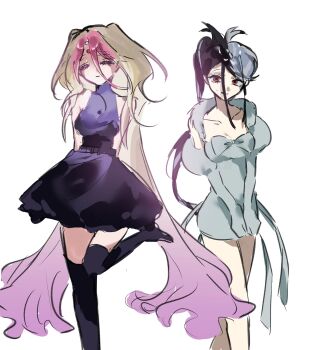 2girls alien_stage black_dress black_hair black_thighhighs blonde_hair commentary dobugi221833 dress foot_up forehead_jewel fur_collar fusion gloves hat high_ponytail highres juliet_sleeves long_hair long_sleeves mini_hat mizi_(alien_stage) multicolored_hair multiple_girls nigeh_(alien_stage) pink_hair ponytail puffy_sleeves shine_(alien_stage) side_ponytail sleeveless sleeveless_dress sua_(alien_stage) thighhighs two-tone_hair very_long_hair white_dress white_gloves