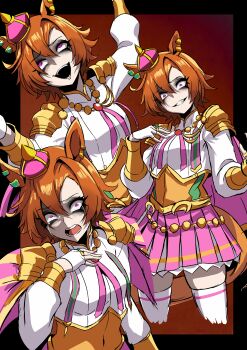 Rule 34 | 1girl, absurdres, animal ears, armor, breasts, cape, commentary request, crown, fingerless gloves, gloves, gold corset, hair between eyes, highres, horse ears, horse girl, horse tail, jewelry, long sleeves, looking at viewer, mini crown, multiple views, nagai negi, open mouth, orange hair, orange tail, pink cape, pink crown, purple eyes, shirt, short hair, shoulder armor, single fingerless glove, skirt, smile, t.m. opera o (o sole suo!) (umamusume), t.m. opera o (umamusume), tail, teeth, thighhighs, two-tone skirt, umamusume, white gloves, white shirt, white thighhighs