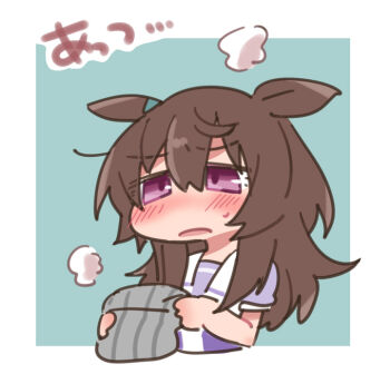 1girl beanie beer_hsk blush border brown_hair chibi grey_background grey_hat hair_between_eyes hat long_hair nakayama_festa_(umamusume) parted_lips puffy_short_sleeves puffy_sleeves purple_eyes purple_shirt school_uniform shirt short_sleeves small_sweatdrop solo striped_clothes striped_headwear sweat tracen_school_uniform translation_request umamusume unworn_hat unworn_headwear vertical-striped_clothes vertical-striped_headwear white_border