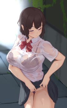 1girl absurdres black_bra black_panties black_skirt bow bowtie bra bra_visible_through_clothes breasts brown_hair closed_eyes clothes_lift collared_shirt curvy highres jilu large_breasts lifting_own_clothes original panties red_bow red_bowtie school_uniform see-through_clothes see-through_shirt shirt skirt skirt_lift solo standing thick_thighs thighs underwear wet wet_clothes wet_hair wet_shirt
