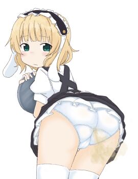 1girl animal_ears ass ass_focus black_dress black_hairband blonde_hair blush cameltoe closed_mouth cowboy_shot dress fake_animal_ears fart female_focus frilled_hairband frills from_behind gochuumon_wa_usagi_desu_ka? green_eyes hairband hands_up holding holding_tray kirima_syaro leaning_forward looking_at_viewer looking_back nose_blush panties pinafore_dress ponnu_(tnpn2yw) puffy_short_sleeves puffy_sleeves rabbit_ears shirt short_dress short_hair short_sleeves sidelocks simple_background sleeveless_dress solo standing thighhighs thighs tray underwear white_background white_panties white_shirt white_thighhighs