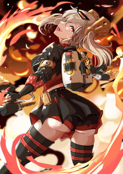 Rule 34 | 1girl, ass, black jacket, black skirt, black thighhighs, blonde hair, breasts, burnice white, commentary request, eyewear on head, fire, flamethrower, from side, hair ornament, highres, holding, holding flamethrower, holding weapon, jacket, medium breasts, miniskirt, onihiraaji82, open mouth, red eyes, short hair, shorts, shorts under skirt, skirt, solo, teeth, thighhighs, thighs, twintails, upper teeth only, weapon, zenless zone zero